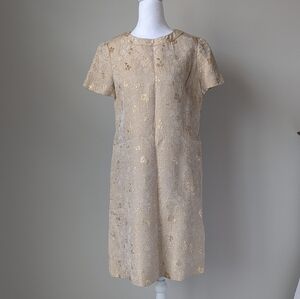 Vintage Gold Brocade Short-Sleeve Shift Dress
